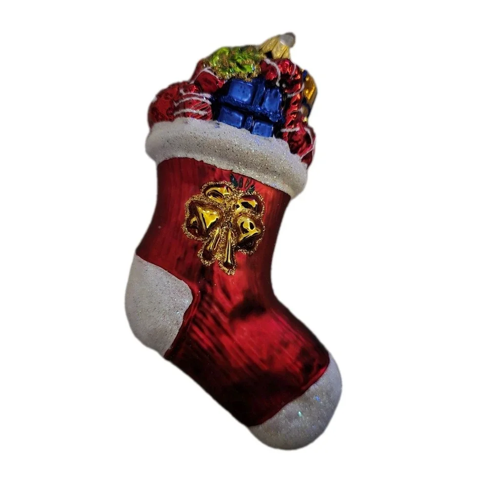 Max Glass Poland Red Stocking Ornament Hand Blown Painted Glitter Christmas Bear